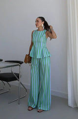 Striped Peplum Top and Wide Leg Pants Set