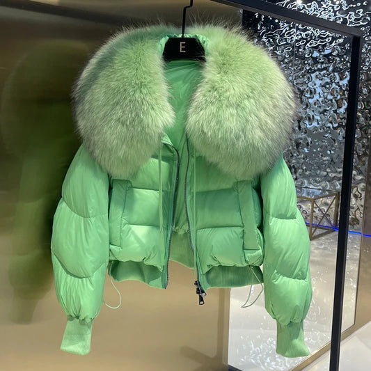Green fur collar puffer jacket