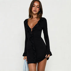 Black long sleeve ruffle V-neck mini dress