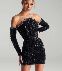 Black Dress Slash Neck Sparkling Sequins Diamonds Mini Dress