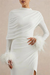 Draped Feather Cuff Maxi Dress