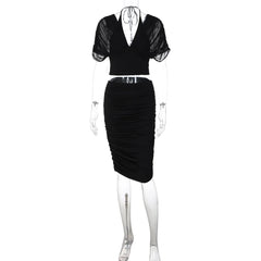 Ruched Midi Skirt and Sheer Sleeve Crop Top Set