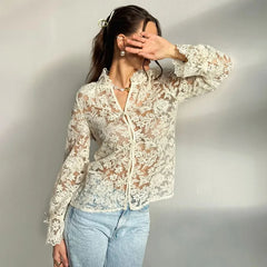 Embroidered Lace Full Sleeve Button-Up Top
