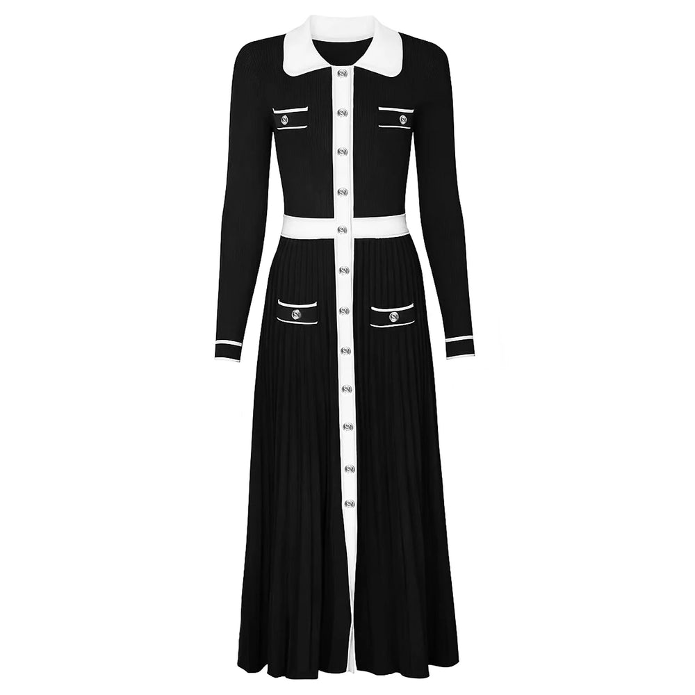 Black collared colorblock pleated knit midi dress