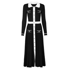 Black collared colorblock pleated knit midi dress
