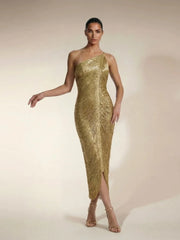 Model in a gold fringe one-shoulder midi dress with arm extended