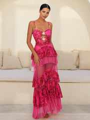 One piece swimsuit and ruffled skirt beachwear set with pink floral print