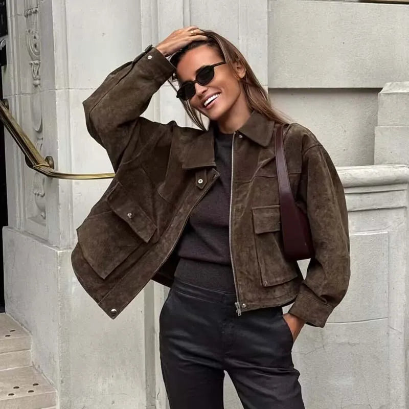 Faux leather patch pocket bomber jacket