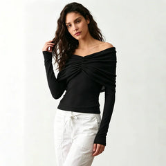 Off Shoulder Pleated Mesh Top