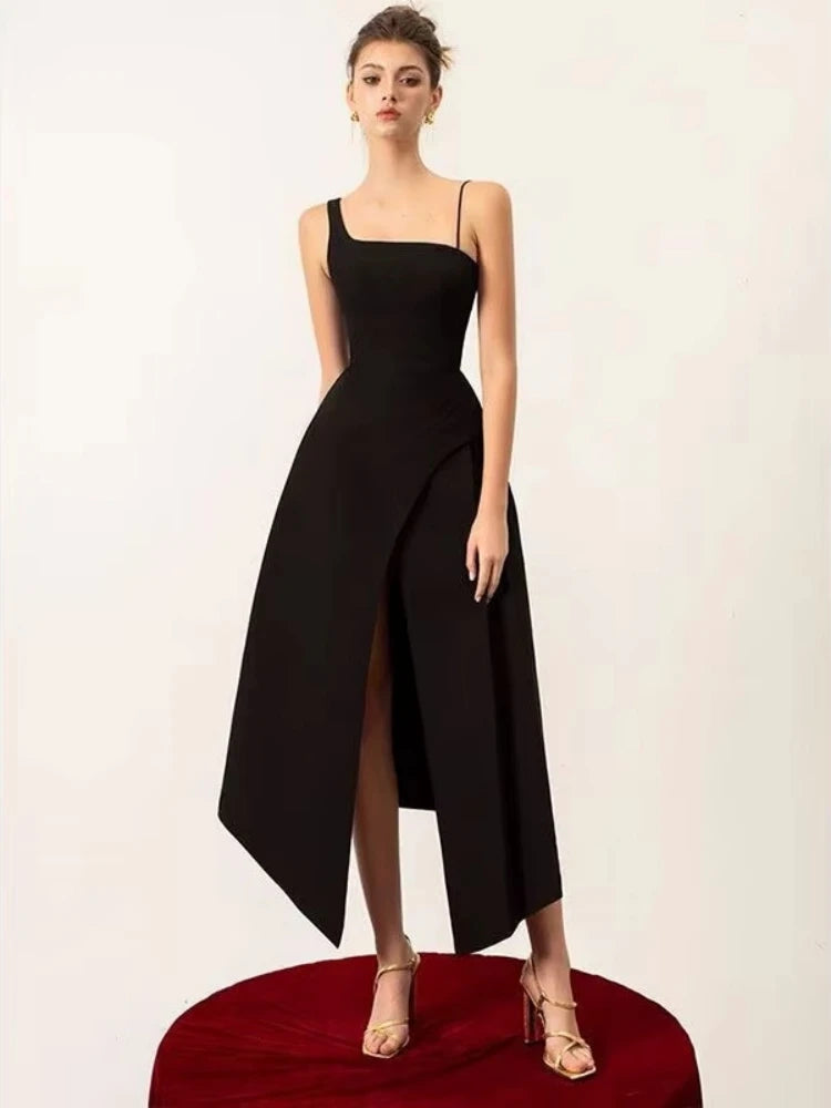 Colorblock asymmetrical midi dress side view