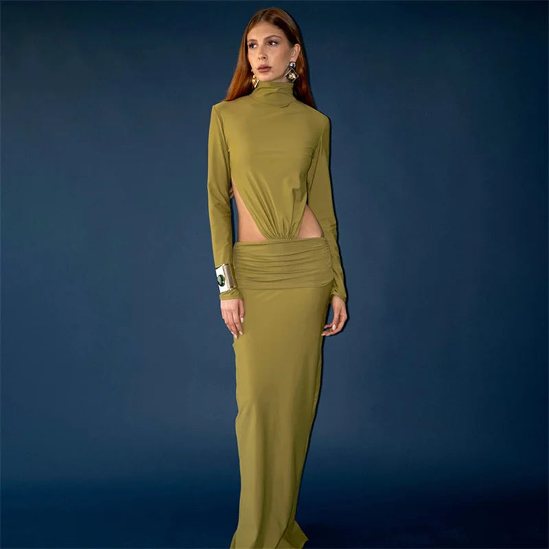 Woman wearing a green outfit against a blue background