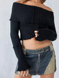 Off-Shoulder Solid Ribbed Slash Neck Ruffles Sweater