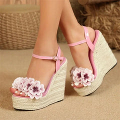  Summer Fashion Flowers Open Toe Solid Weave Platform Wedges High Heels Women Sandals  Buckle Strap Shoes Golden Atelier