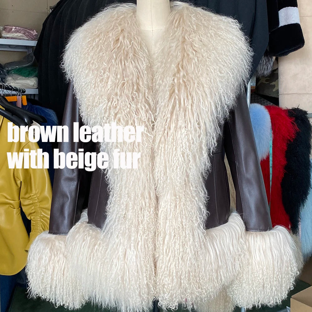 Mannequin wearing a brown leather coat with beige fur trim in a store setting.