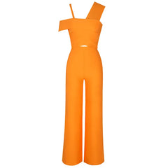 Orange jumpsuit with cut-out design on a white background