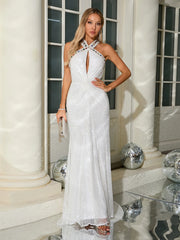 Mesh Sequin Floor Length White Mermaid Dress