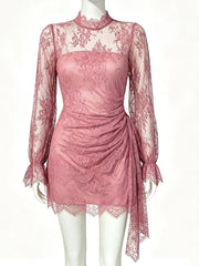 Lace Turtleneck Sheer Long Sleeve Dress