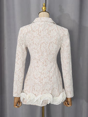 White Lace Ruffle Hem V-Neck Blazer Mini Dress