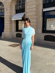 Shawl Blue Pleated Long Dress