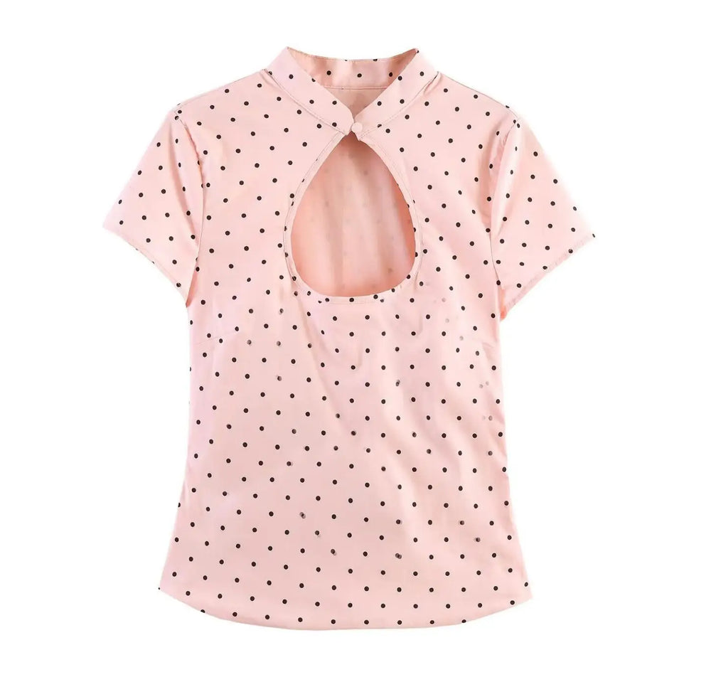 Pink polka dot cut-out stand collar blouse, front view