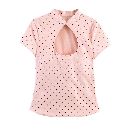 Pink polka dot cut-out stand collar blouse, front view