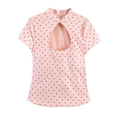 Pink polka dot cut-out stand collar blouse, front view