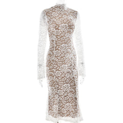White Long Sleeve Lace Turtleneck Midi Dress