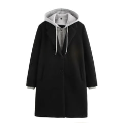 Patchwork Hooded Button Zipper Long Sleeve Coats