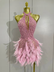 Beaded Feather Halter Sequin Mini Dress