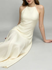 Halter Neck A-Line Maxi Dress with Pleated Skirt