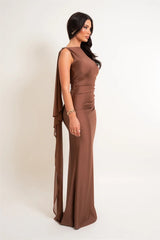 One Shoulder Low Back Draped Buckle Maxi Dress