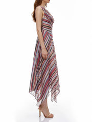 Striped V-Neck Sleeveless Asymmetric Hem Midi Dress