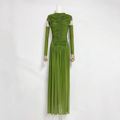 Ruched O-neck Detachable Long Sleeve Maxi Dress