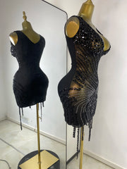 Deep Neck Embellished Mesh Sheath Mini Dress