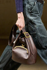 Large Faux Leather Kiss Lock Closure Bucket Tote Bag