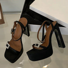 Platform Heels Square Toe Buckle Strap Shoes