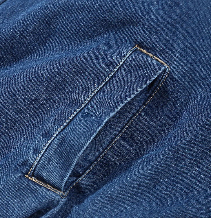Close-up of a blue denim pocket with stitching detail