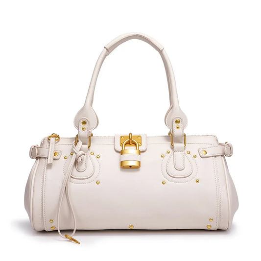 White studded lock top handle bag