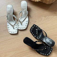 Studded square toe flip flop sandals in silver and black