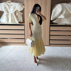 Pleated V-Neck Maxi Dress