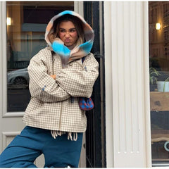 Gingham Drawstring Waist Hooded Jacket