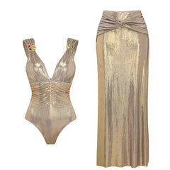 V-Neck Ruched Cut-Out Halter One-Piece Swimsuit and Maxi Skirt Set