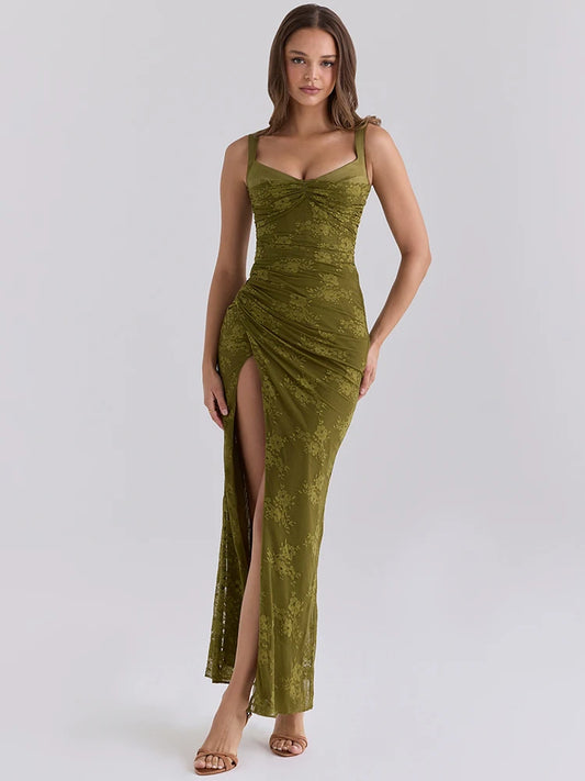 Floral Ruched Maxi Dress with sweetheart neckline and high slit