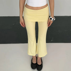 Light yellow cropped flare pants with a fold-over waist.