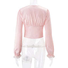 Pink Lace V Neck Long Sleeve Crop Top