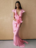 Pink Dress Ruffle Layer Flower Mermaid V-neck Floor Length Dress