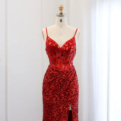 Mannequin displaying the wine red sequin mermaid prom dress, showcasing its elegant silhouette and sparkling details. Golden Atelier 4