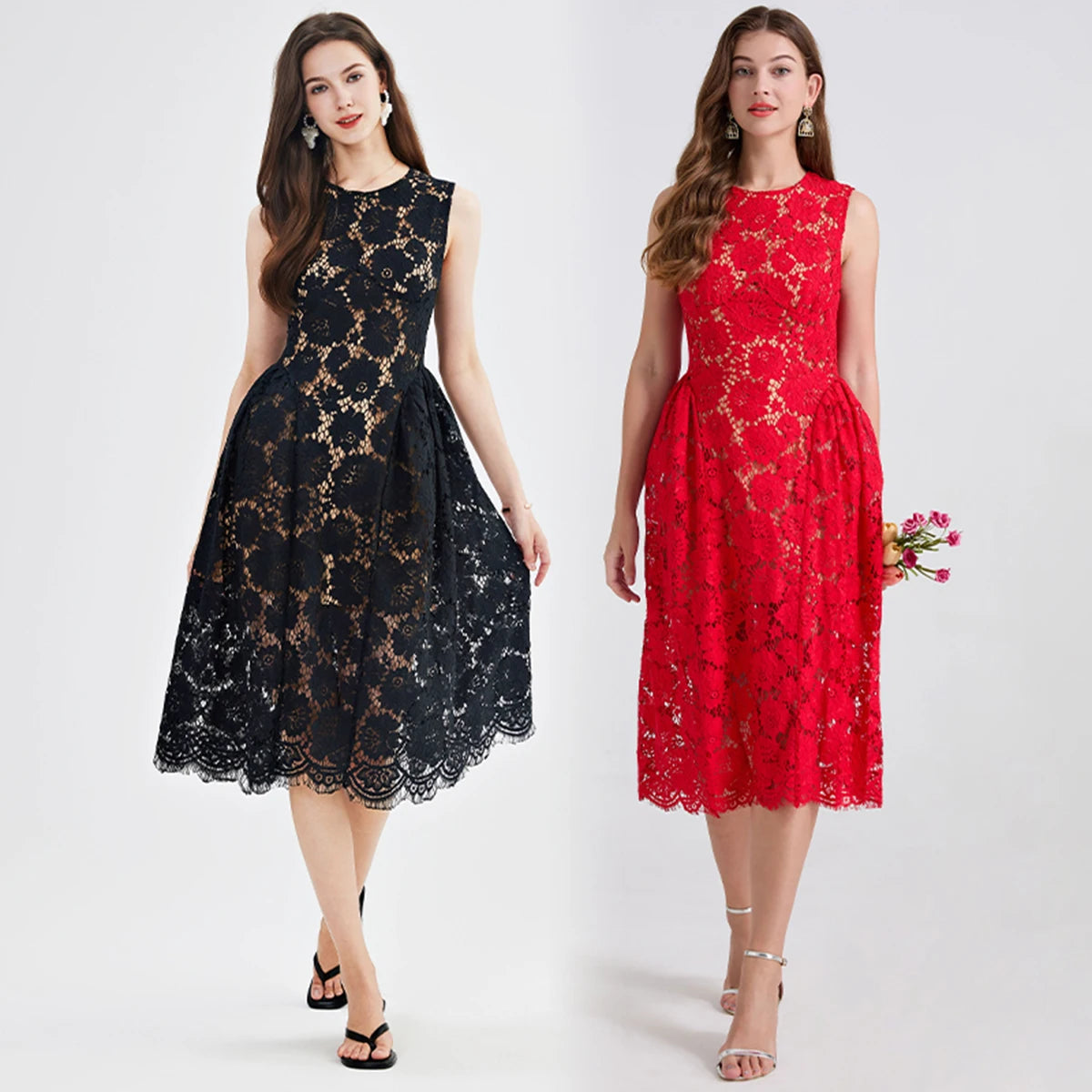 Two women wearing black and red lace dresses on a white background