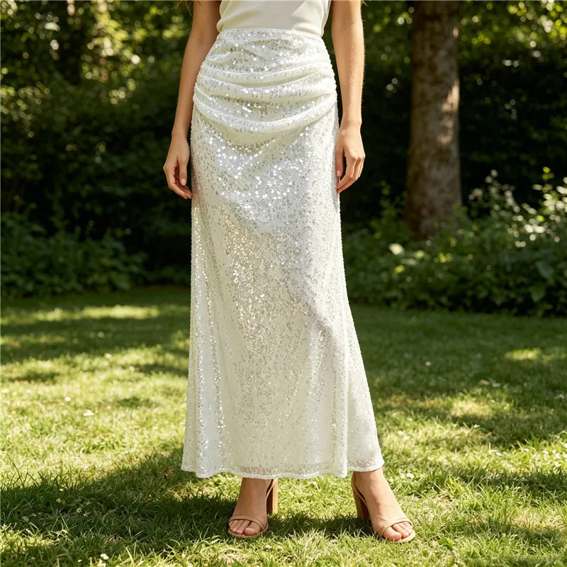 Ruched sequin maxi skirt styled in a garden setting