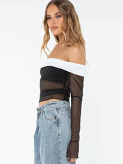 Lace Splice Low Neck Off The Shoulders Sheer Top